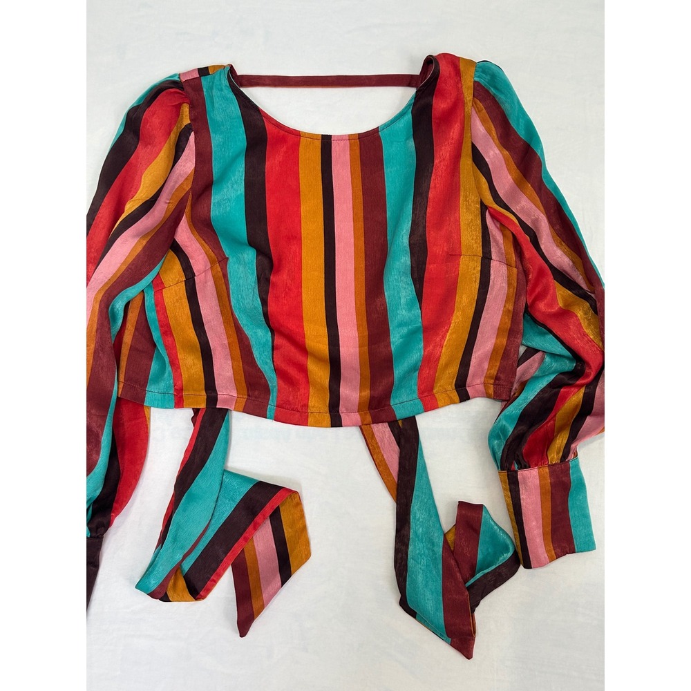 Forever 21 Multi Color Striped Tie Front Long‎ Sleeve Crop Top Blouse Large